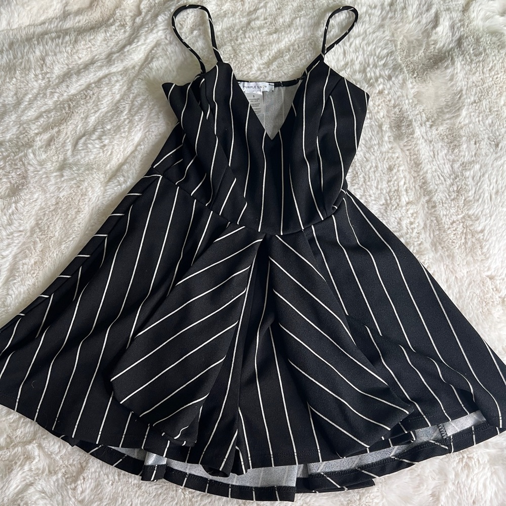 Purple snow black and white striped romper
